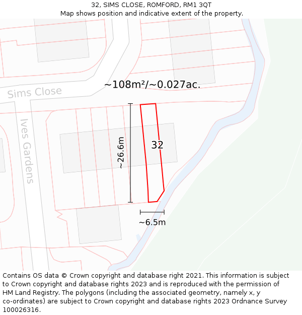 32, SIMS CLOSE, ROMFORD, RM1 3QT: Plot and title map