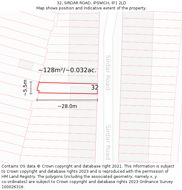 32, SIRDAR ROAD, IPSWICH, IP1 2LD: Plot and title map