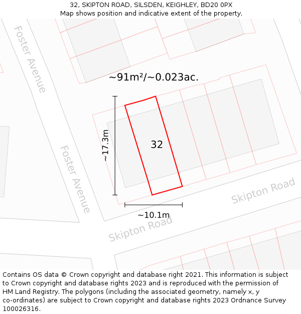 32, SKIPTON ROAD, SILSDEN, KEIGHLEY, BD20 0PX: Plot and title map
