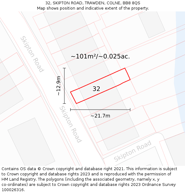 32, SKIPTON ROAD, TRAWDEN, COLNE, BB8 8QS: Plot and title map