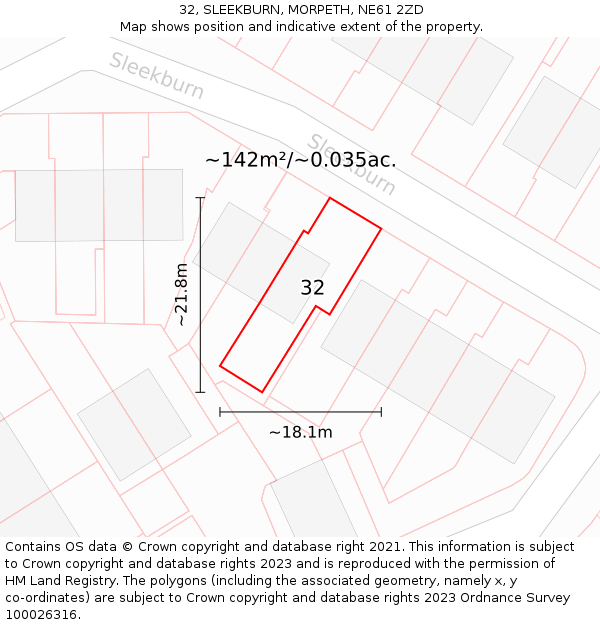 32, SLEEKBURN, MORPETH, NE61 2ZD: Plot and title map