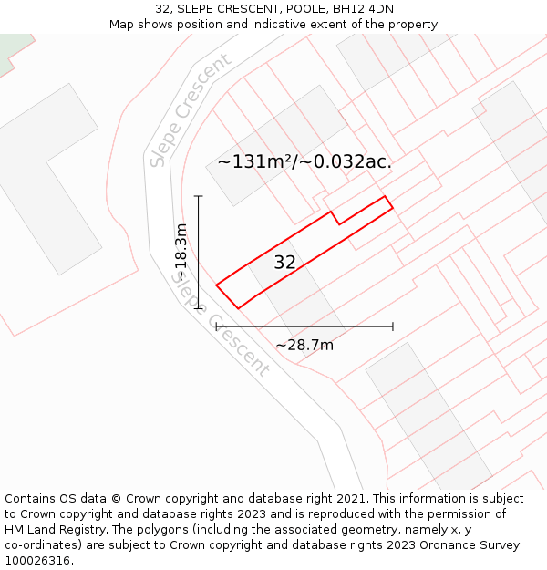 32, SLEPE CRESCENT, POOLE, BH12 4DN: Plot and title map