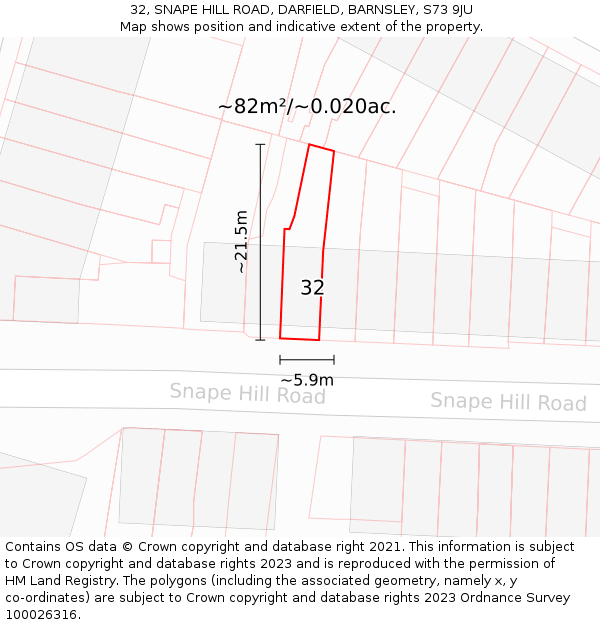 32, SNAPE HILL ROAD, DARFIELD, BARNSLEY, S73 9JU: Plot and title map
