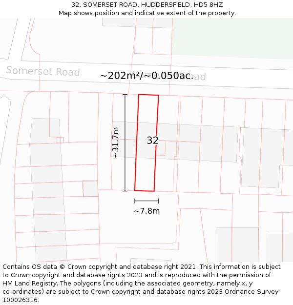32, SOMERSET ROAD, HUDDERSFIELD, HD5 8HZ: Plot and title map