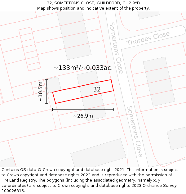 32, SOMERTONS CLOSE, GUILDFORD, GU2 9YB: Plot and title map