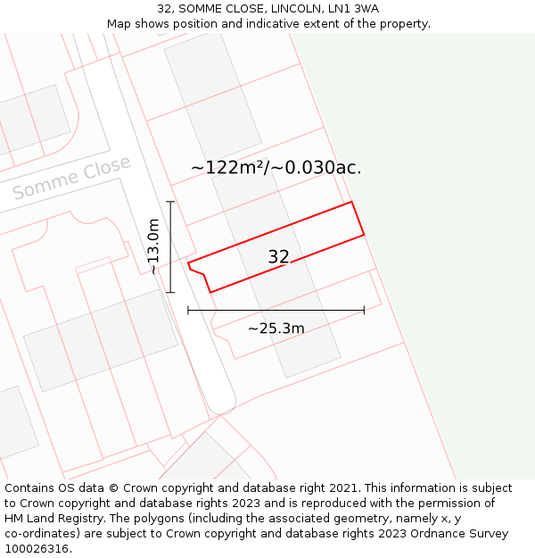 32, SOMME CLOSE, LINCOLN, LN1 3WA: Plot and title map