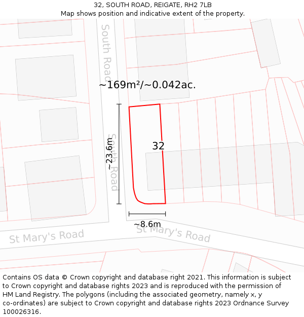 32, SOUTH ROAD, REIGATE, RH2 7LB: Plot and title map