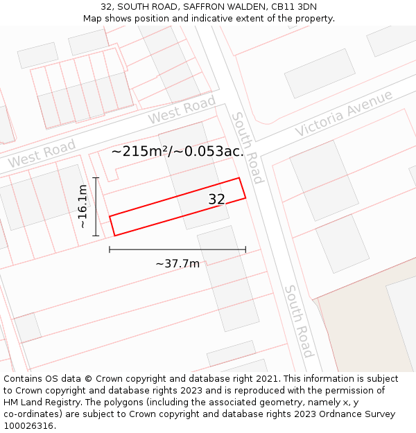 32, SOUTH ROAD, SAFFRON WALDEN, CB11 3DN: Plot and title map
