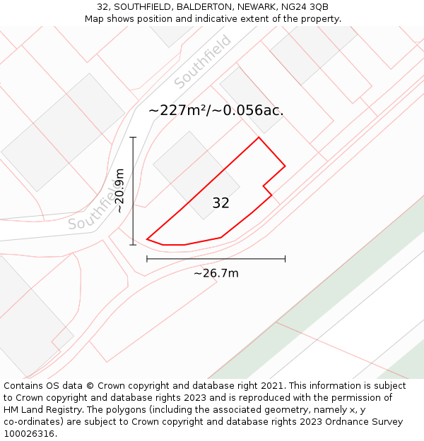 32, SOUTHFIELD, BALDERTON, NEWARK, NG24 3QB: Plot and title map