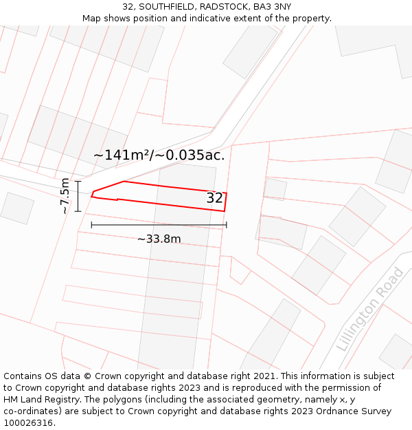 32, SOUTHFIELD, RADSTOCK, BA3 3NY: Plot and title map