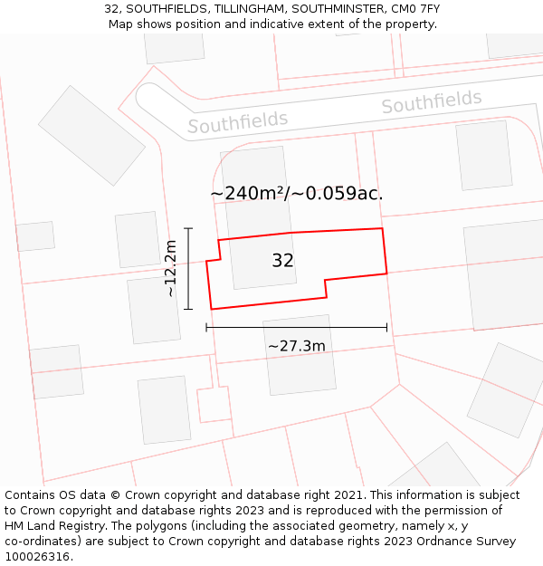 32, SOUTHFIELDS, TILLINGHAM, SOUTHMINSTER, CM0 7FY: Plot and title map