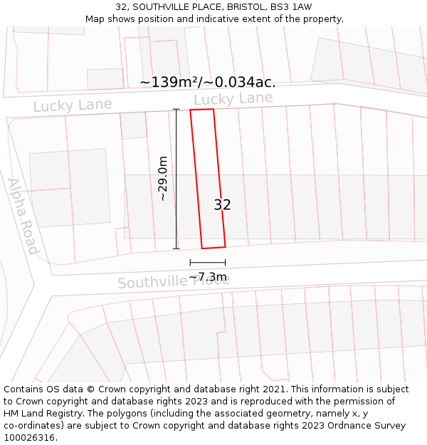 32, SOUTHVILLE PLACE, BRISTOL, BS3 1AW: Plot and title map