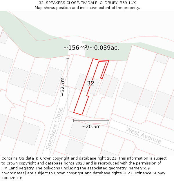 32, SPEAKERS CLOSE, TIVIDALE, OLDBURY, B69 1UX: Plot and title map