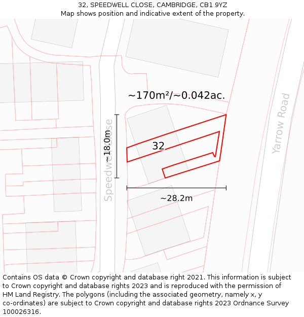 32, SPEEDWELL CLOSE, CAMBRIDGE, CB1 9YZ: Plot and title map