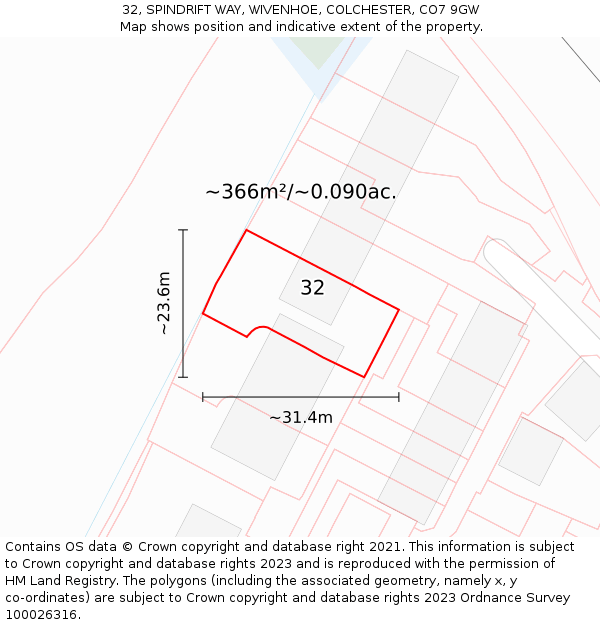 32, SPINDRIFT WAY, WIVENHOE, COLCHESTER, CO7 9GW: Plot and title map