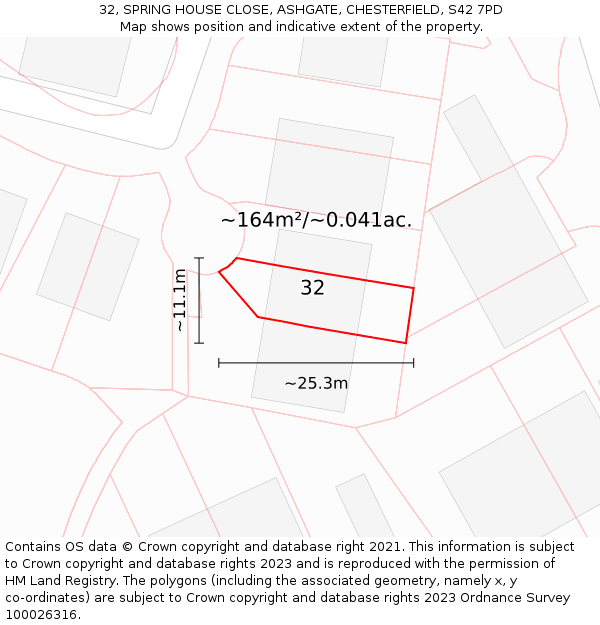 32, SPRING HOUSE CLOSE, ASHGATE, CHESTERFIELD, S42 7PD: Plot and title map