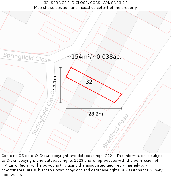 32, SPRINGFIELD CLOSE, CORSHAM, SN13 0JP: Plot and title map