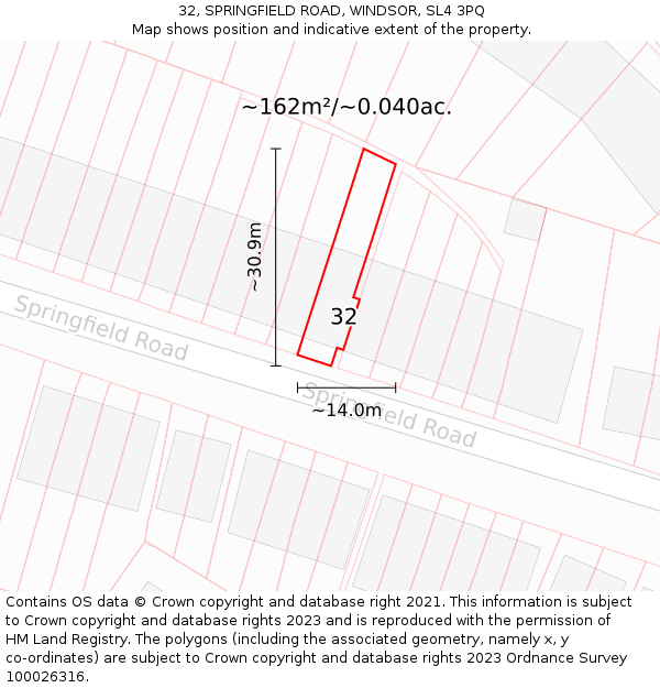 32, SPRINGFIELD ROAD, WINDSOR, SL4 3PQ: Plot and title map