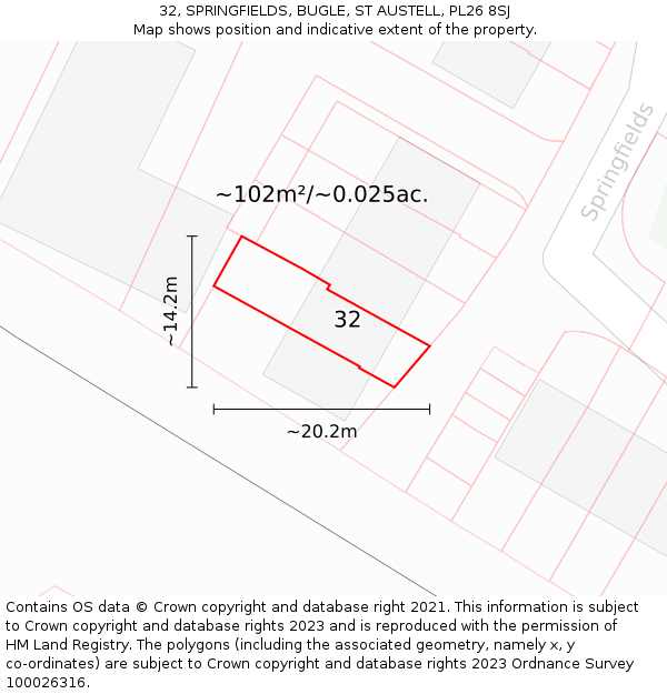 32, SPRINGFIELDS, BUGLE, ST AUSTELL, PL26 8SJ: Plot and title map