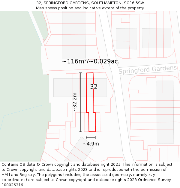 32, SPRINGFORD GARDENS, SOUTHAMPTON, SO16 5SW: Plot and title map