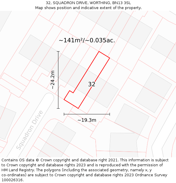 32, SQUADRON DRIVE, WORTHING, BN13 3SL: Plot and title map