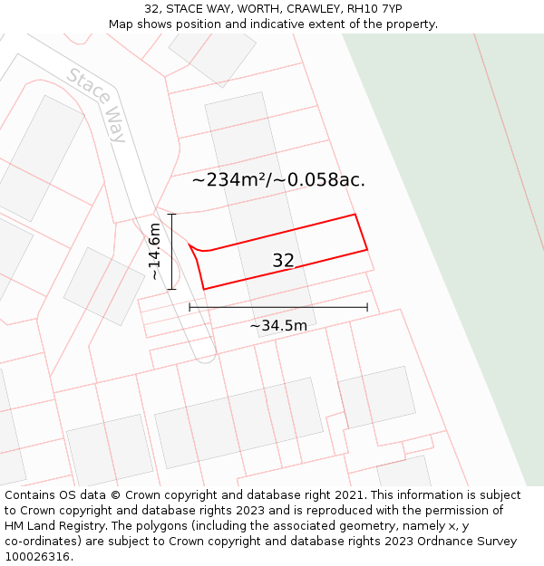 32, STACE WAY, WORTH, CRAWLEY, RH10 7YP: Plot and title map
