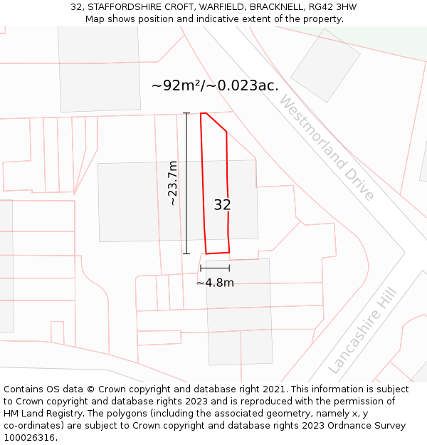 32, STAFFORDSHIRE CROFT, WARFIELD, BRACKNELL, RG42 3HW: Plot and title map