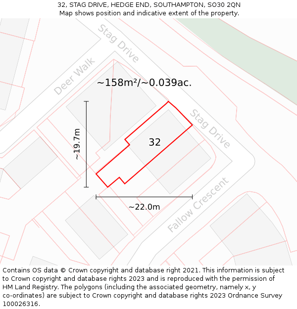 32, STAG DRIVE, HEDGE END, SOUTHAMPTON, SO30 2QN: Plot and title map