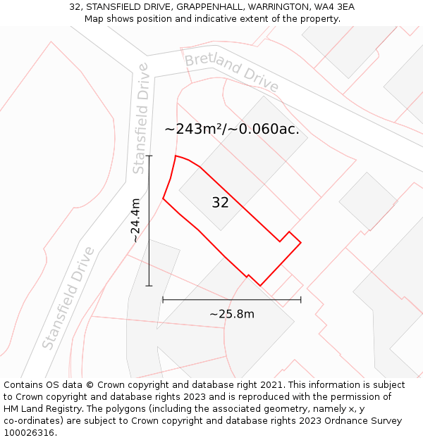 32, STANSFIELD DRIVE, GRAPPENHALL, WARRINGTON, WA4 3EA: Plot and title map