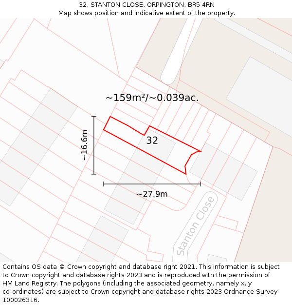 32, STANTON CLOSE, ORPINGTON, BR5 4RN: Plot and title map