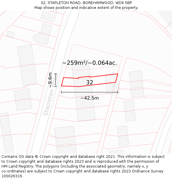 32, STAPLETON ROAD, BOREHAMWOOD, WD6 5BP: Plot and title map