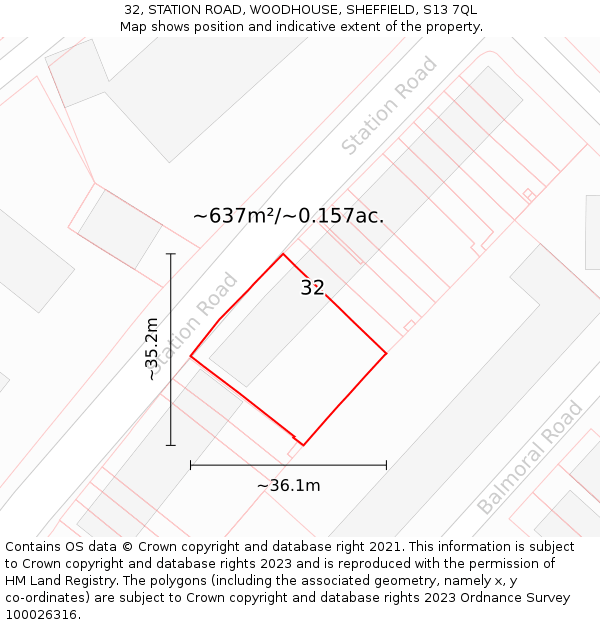 32, STATION ROAD, WOODHOUSE, SHEFFIELD, S13 7QL: Plot and title map