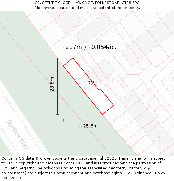 32, STEMPE CLOSE, HAWKINGE, FOLKESTONE, CT18 7PQ: Plot and title map