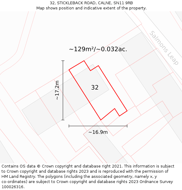 32, STICKLEBACK ROAD, CALNE, SN11 9RB: Plot and title map