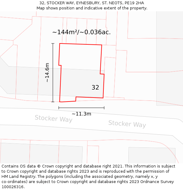 32, STOCKER WAY, EYNESBURY, ST NEOTS, PE19 2HA: Plot and title map
