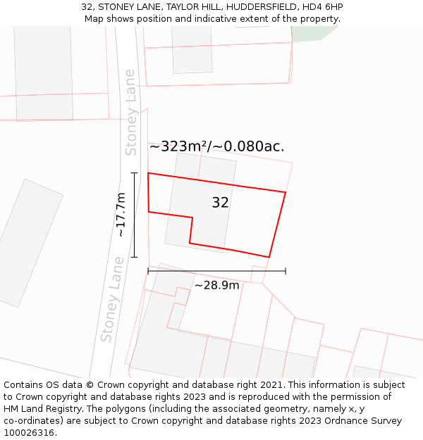32, STONEY LANE, TAYLOR HILL, HUDDERSFIELD, HD4 6HP: Plot and title map