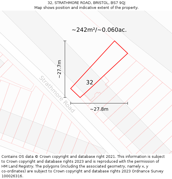 32, STRATHMORE ROAD, BRISTOL, BS7 9QJ: Plot and title map