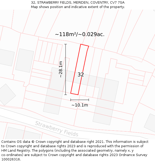 32, STRAWBERRY FIELDS, MERIDEN, COVENTRY, CV7 7SA: Plot and title map