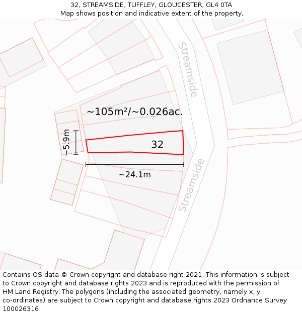 32, STREAMSIDE, TUFFLEY, GLOUCESTER, GL4 0TA: Plot and title map