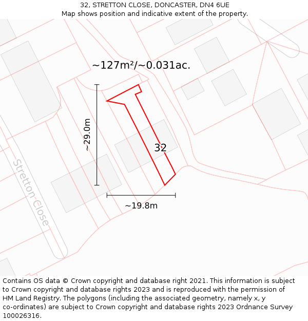 32, STRETTON CLOSE, DONCASTER, DN4 6UE: Plot and title map