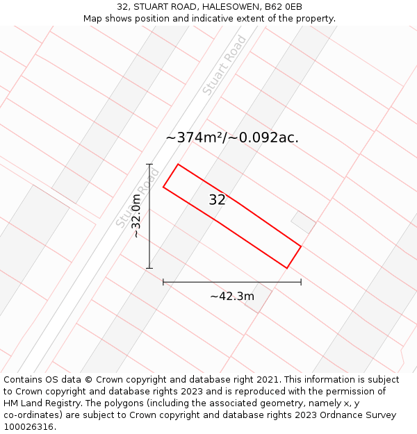 32, STUART ROAD, HALESOWEN, B62 0EB: Plot and title map
