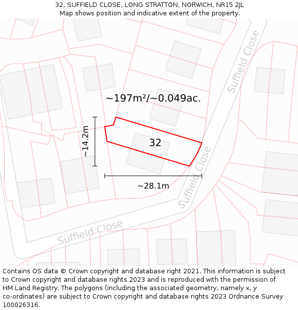 32, SUFFIELD CLOSE, LONG STRATTON, NORWICH, NR15 2JL: Plot and title map
