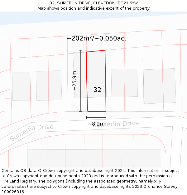 32, SUMERLIN DRIVE, CLEVEDON, BS21 6YW: Plot and title map