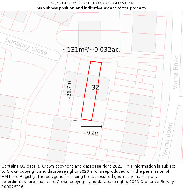 32, SUNBURY CLOSE, BORDON, GU35 0BW: Plot and title map