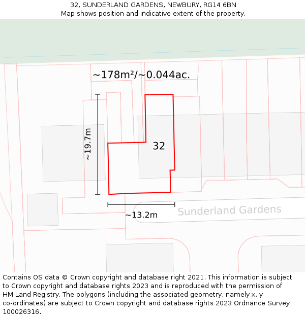 32, SUNDERLAND GARDENS, NEWBURY, RG14 6BN: Plot and title map