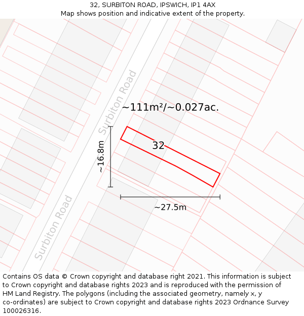 32, SURBITON ROAD, IPSWICH, IP1 4AX: Plot and title map