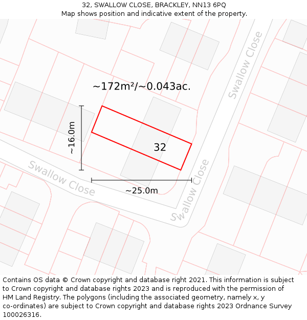 32, SWALLOW CLOSE, BRACKLEY, NN13 6PQ: Plot and title map