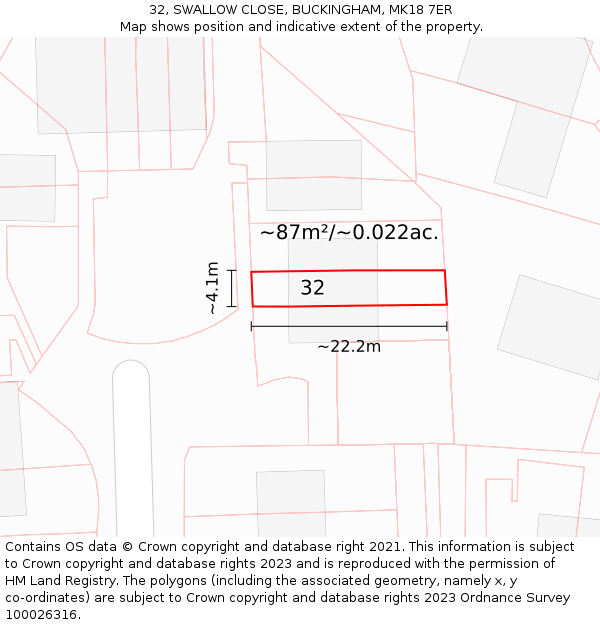 32, SWALLOW CLOSE, BUCKINGHAM, MK18 7ER: Plot and title map