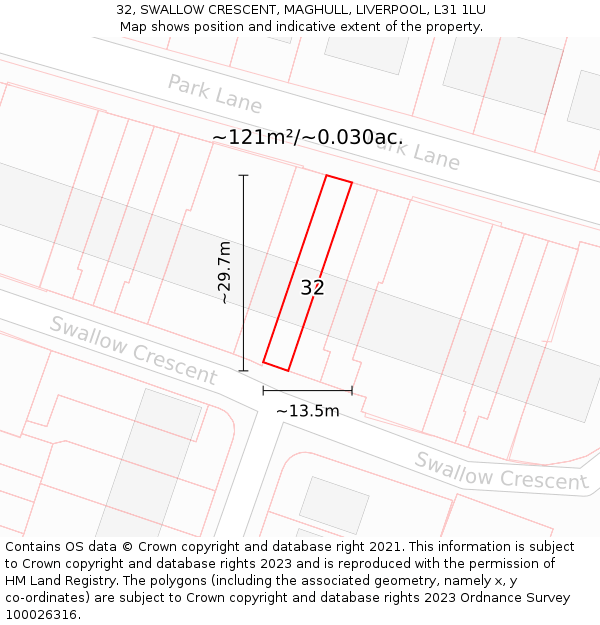 32, SWALLOW CRESCENT, MAGHULL, LIVERPOOL, L31 1LU: Plot and title map