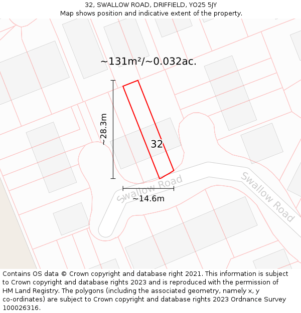 32, SWALLOW ROAD, DRIFFIELD, YO25 5JY: Plot and title map